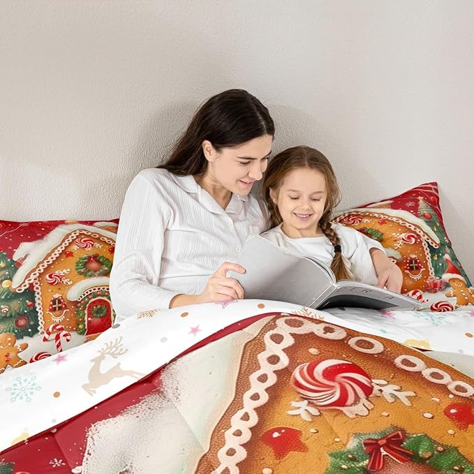 jejeloiu Kids Christmas Theme Comforter Set Toddler Xmas Tree Gingerbread Man Bedding Set for Boys Girls Teens Candy Cane House Winter Happy New Year Duvet Quilt Room Decor