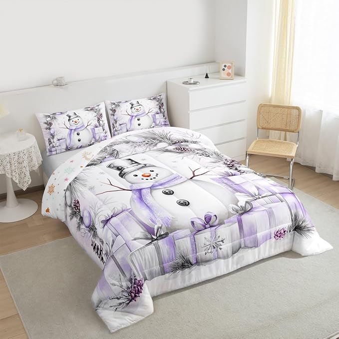 Feelyou Merry Christmas Bedding Set Soft for Boys Girls, Cute Snowman Comforter Set Full Size Duvet Quilt Microfiber Snowflake Bedroom Decor 3 Pcs with 2 Pillow Cases