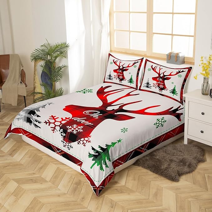 Manfei Xmas Deer Duvet Cover Set King Size, Christmas Tree Snowflake Print Comforter Cover with 2 Pillowcases, New Year Theme Bedding Set 3pcs for Kids Boys Girls Bedroom Decor,No Comforter