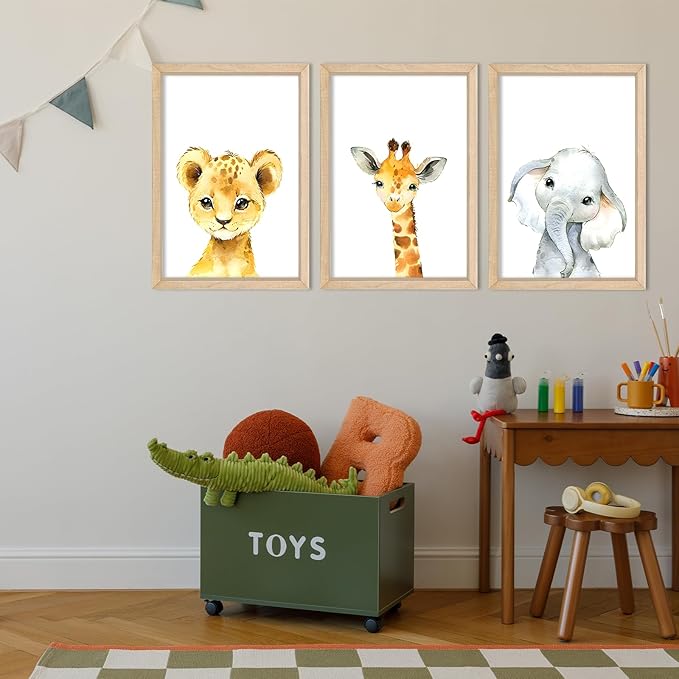 YWJKWLGS Baby Safari Nursery Wall Decor 16"x24" Set of 3 Cute Animal Giraffe Elephant Lion Prints Sign Wood Framed for Children's Room Wall Art (Wood)