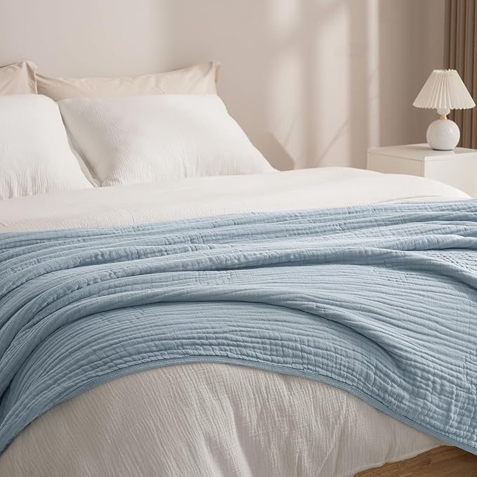 PHF Cooling Muslin Blanket King Size 104"x80", 6-Layer Lightweight Gauze Blanket Made from 35% Rayon Derived from Bamboo & 65% Cotton, Breathable & Ultra Soft Cozy, Aesthetic Home Decor, Dusty Blue