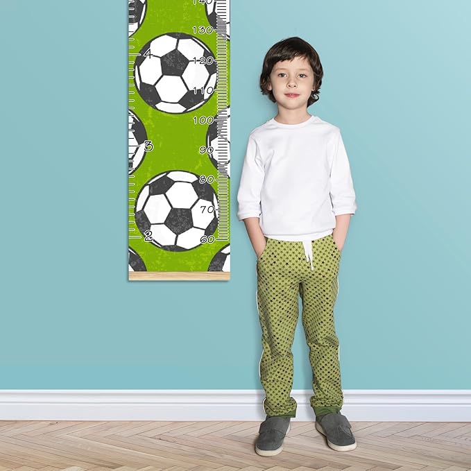 Personalized Kids Name Growth Chart Ruler for Wall Wood Frame Height Measure Chart 13.4x56 in Linen Hanging Height Growth Chart Football Soccer Green Kids Room Decor
