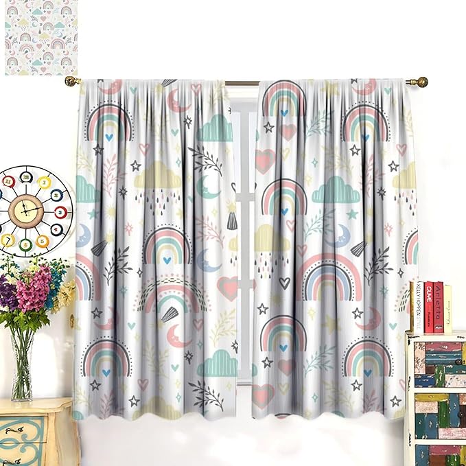 Boho Rainbow Curtains for Kids Nursery Colorful Floral Sun Star Clouds Pastel Bohemian Pattern Print Window Drapes for Girl Bedroom Living Room Kitchen Decor,2 Panel Set,84Wx84H Inch Blackout