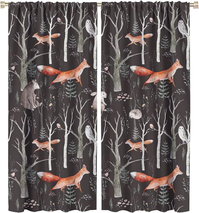 Rustic Forest Curtain, Woodland Country Hunting Animal Deer Fox Wildlife Bear Farmhouse Lodge Cabin Blackout Rod Pocket Windows Door Curtain for Bedroom Living Room Home Decor 55x63in
