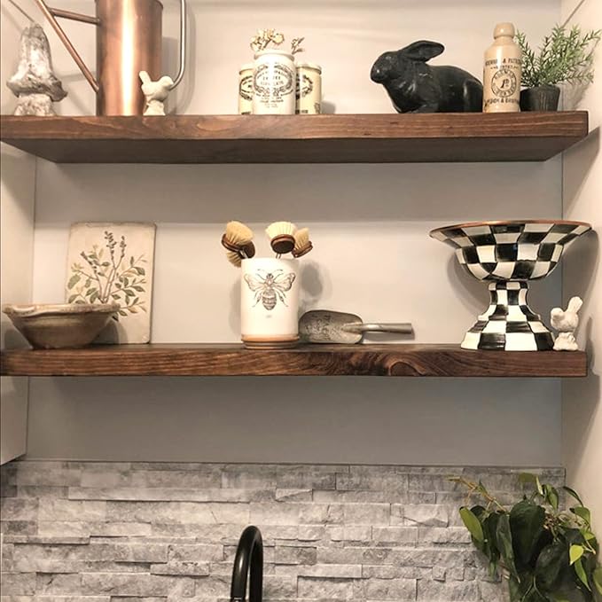 URBANDI, Rustic Floating Shelves, Set of 2, Hidden Bracket, Solid Wood, Heavy Duty, Wall Mounted Shelves, (Provincial, 24Wx10D)