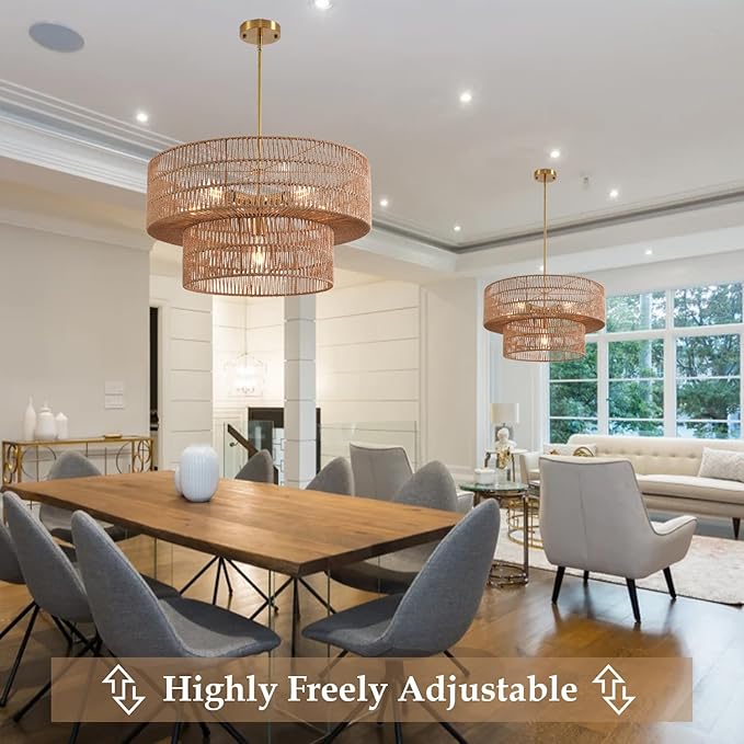 23.62" 6-Light Rattan Farmhouse Chandelier, Boho Large Pendant Light, Large Wicker Chandelier Light Fixtures, Hand Woven Chandeliers, for Dining Room
