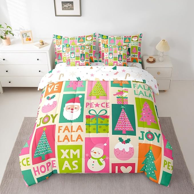 Feelyou Christmas Bed Set Snowman Christmas Tree Print Kawaii Comforter Set with Sheets Xmas Santa Claus Bed in a Bag for Kids Girls New Year Theme Bedding Set Bedroom Collection Queen Size