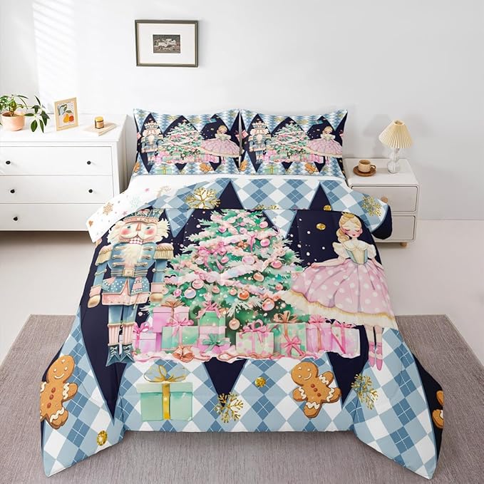 jejeloiu Christmas Nutcracker Comforter Set Twin Size Gingerbread Man Bedding Set for Kids Boys Girls Xmas Tree Duvet Quilt Dark Blue Bedroom Decor