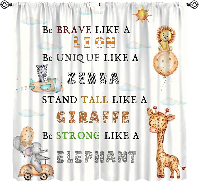 Cartoon Animals Curtains, Cute Jungle Animal Zebra Elephant Lion Giraffe Blackout Window Treatments, Rod Pocket Thermal Insulated Drapes 2 Panel Sets for Kids Bedroom Nursery Classroom, 63"W X 72"L