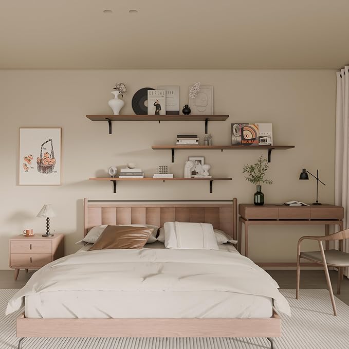 12x48 Inch Rustic Wood Floating Shelves 3-Pack - Farmhouse Walnut Wall Shelves with 100 lbs Capacity, Easy Installation for Living Room, Kitchen, Bathroom (Walnut, 3T48IN)