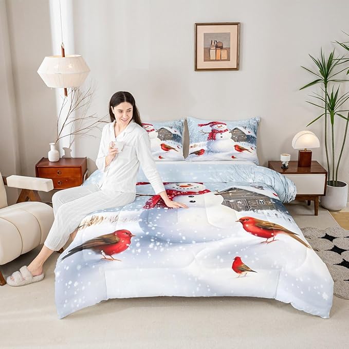 Feelyou Merry Christmas Comforter Set All Season Cute Snowman Bedding Set with 2 Pillow Cases Snowflake Microfiber Kids Full Bedclothes Winter Bedroom Decor Duvet Quilt Breathable Soft Lightweight