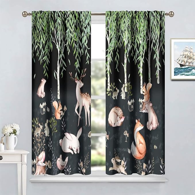 Forest Animal Curtains, Watercolor Cartoon Woodland Plants Animals Bears Moose Mushrooms Printed Curtains for Kids Boys and Girls Bedroom Window Drapes 72x63in