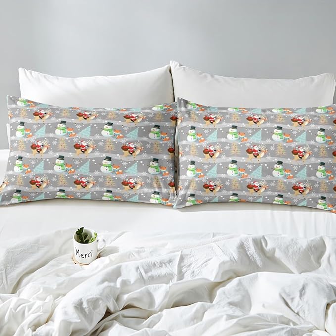 Christmas Duvet Cover Set King Size, Xmas Trees Snowman Santa Claus Comforter Cover with 2 Pillowcases, Winter Snowflake Grey Stripes Bedding Set for Kids Girls New Year Bedspread Cover,No Comforter