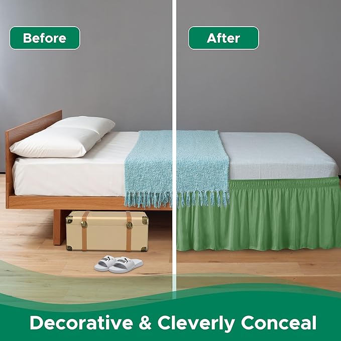 Biscaynebay Wrap Around Bed Skirts for Full & Full XL Beds 15" Drop, Sage Adjustable Elastic Dust Ruffles Easy Fit Wrinkle & Fade Resistant Silky Luxurious Fabric Machine Washable
