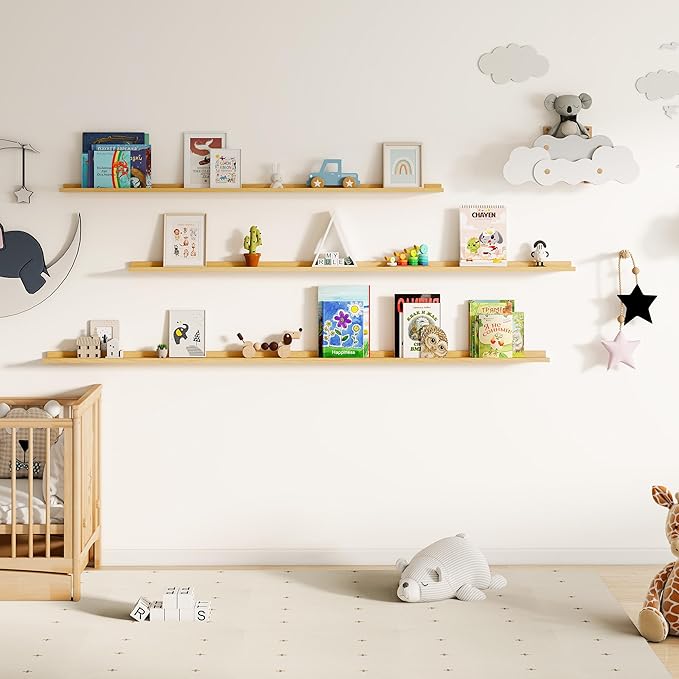 Floating Picture Ledge Shelves for Wall Set of 2, 84 Inches Picture Ledge Shelf with Long Large Nursery Book Shelf for Toys Storage Kids Bookshelf Wall Mounted Living Room Bedroom Decor Frames, Oak