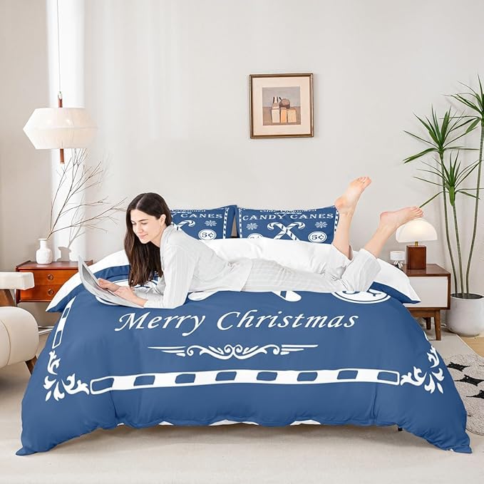 jejeloiu Christmas Bedding Set Twin Size Kids Christmas Quote Comforter Cover Set for Boys Girls Teens Candy Canes Print Duvet Cover Xmas Bedspread Cover Room Decorations Blue Quilt Cover