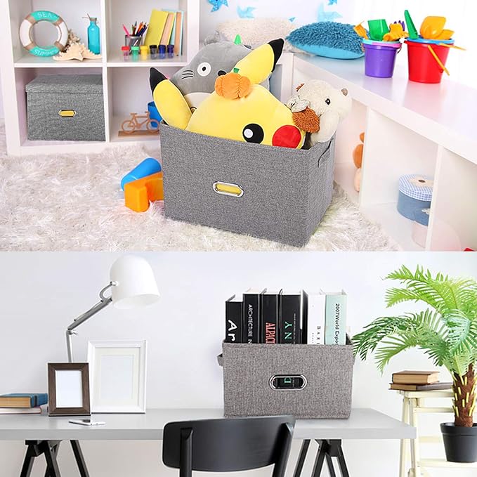 Large Linen Fabric Foldable Storage Bins with Removable Lid and Handles, Washable Storage Box Organizer Containers Baskets Cube with Cover for Bedroom,Closet,Nursery (Grey, Medium(2-Pack))