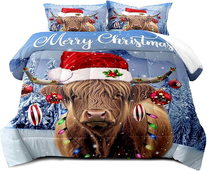 LUVIVIHOME 2PCS Funny Highland Cow Comforter Set Twin Size, Christmas Bedding, Cattle Bull Animal Santa Christmas Balls Winter Holiday Xmas New Year Christmas Bedroom Decor, Cow Gifts, 1 Pillow Sham