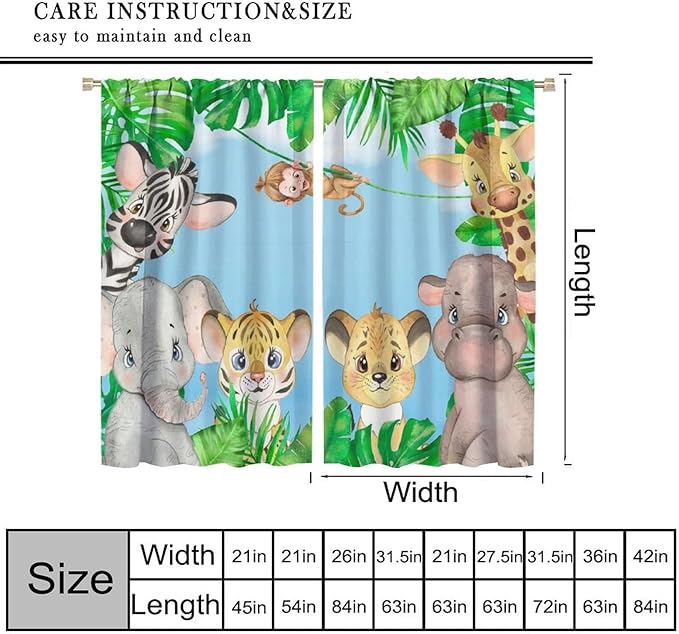 Kids Animals Blackout Curtains Watercolor Cartoon Cute Animals Green Jungle Art Printed for Children Girls Boys Bedroom Nursery Rod Pocket Decoration Window Drapes 2 Panels W31.5xL63in
