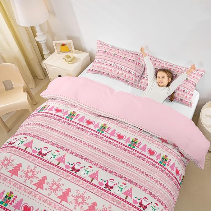 Christmas Comforter Cover Cartoon Santa Claus Snowman Bedding Set Pink Snowflake Christmas Tree Duvet Cover for Kids Boys Girls Microfiber Boho Stripes Bedspread Cover Room Decor Bedclothes Twin Size
