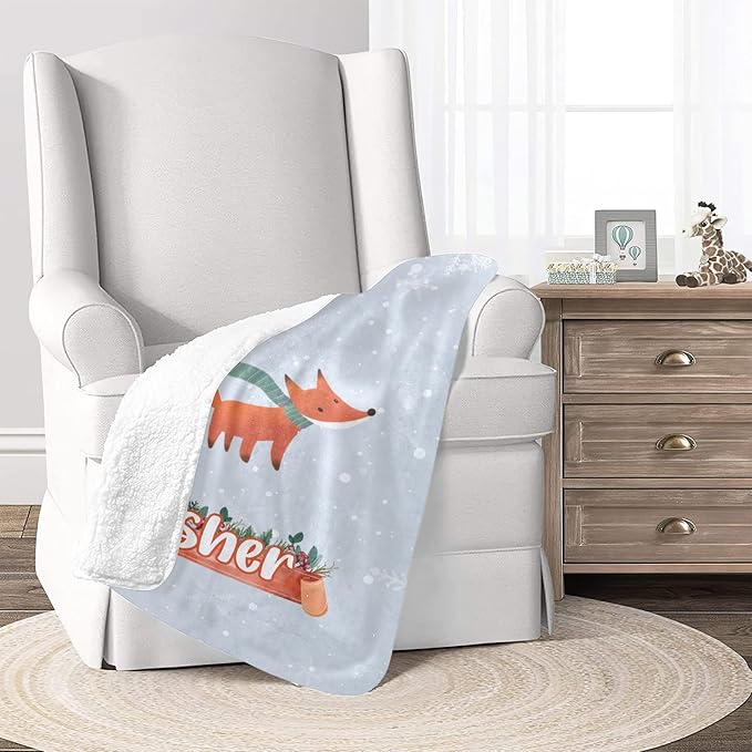 Fox Winter Personalized Receiving Sherpa Fleece Baby Blankets for Girls Boys Kids, Swaddle Blankets Gift for Newborn Crib Infants 30x40 Inches
