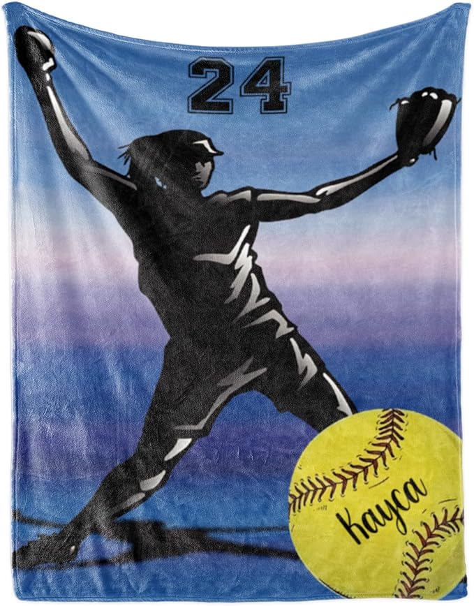 Custom Softball Blanket with Name Number: Personalized Fluffy and Warm Gift for Baby Toddler Kids and Adults Birthday Skin-Friendly Flannel Fabric(30X40inch)