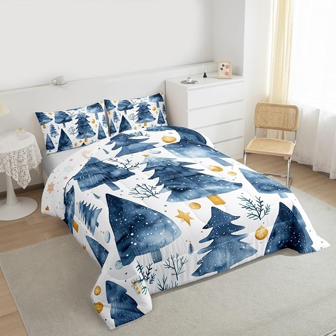 Feelyou Christmas Comforter Set All Season Xmas Tree Bedding Set with 1 Pillow Cases Watercolor Blue Microfiber Kids Twin Bedclothes Snowflake Bedroom Decor Duvet Quilt Breathable Soft Lightweight