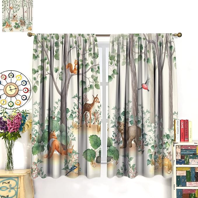 Forest Animal Curtains,Fox Elk Bird Animal Watercolor Woodland Print Curtains Kids Nursery Bedroom Living Room Home Decoration 42x45 Inch