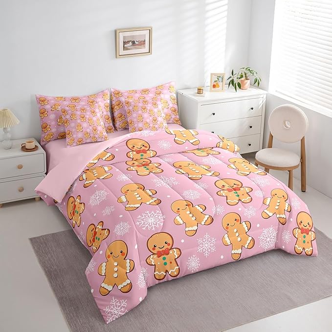 Erosebridal Christmas Gingerbread Twin Bedding Set 7 Piece,Cute Gingerbread Man Bed in A Bag,Xmas Snowflake Comforter Set Girls Sheet Set with Comforter,Pink Christmas Decoration