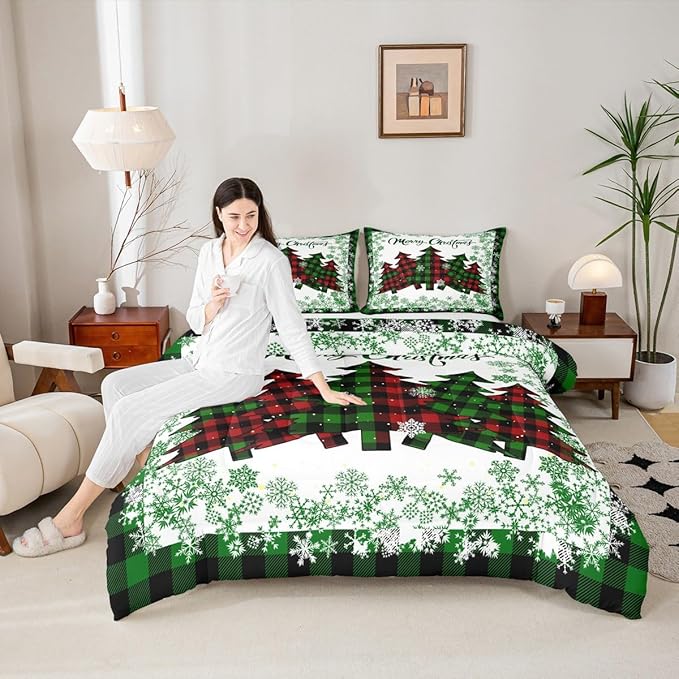 Castle Fairy Christmas Comforter Set King Size,Pine Trees Green Snowflake Glitter Shiny Bedding Set All Season Quilt Set,Winter Festival Plaid Checkered Microfiber Polyester Down Comforter