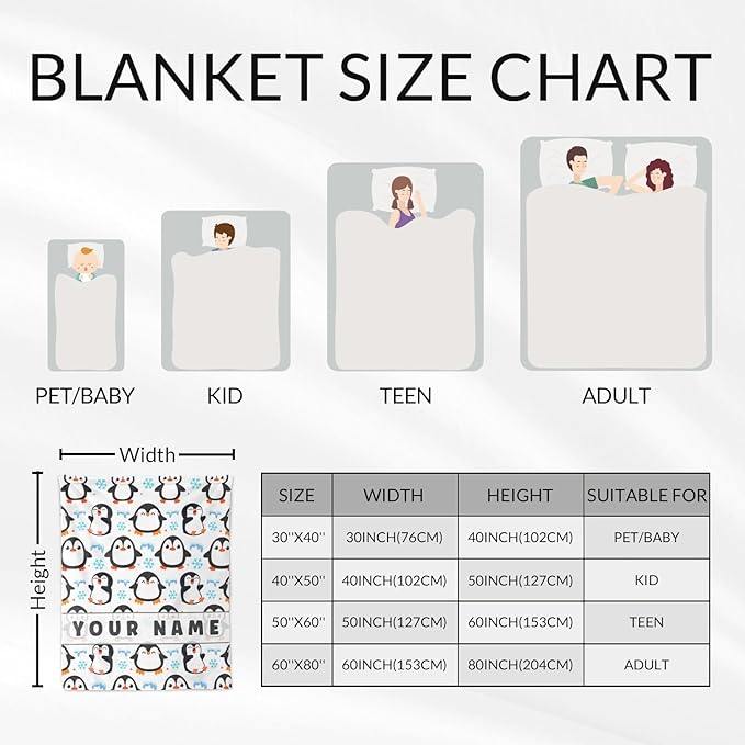 Custom Penguin Throw Blanket Gifts for Kids - 30" x 40" Inches Cute Penguin Blankets for Girls - White Soft Fuzzy Throws for Sofa, Lap & Office