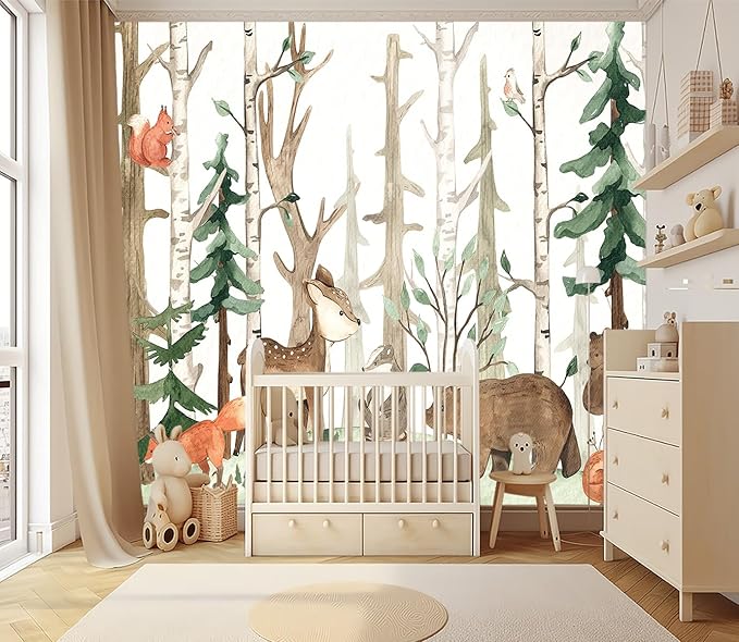 XMPMBM-Cartoon Hand-Painted Animals Woodland Nursery Room Fabric Wallpaper Graffiti Pine Forest Kids Gaming Room Wall Mural-W 176" X H 113"（138 Square Foot）
