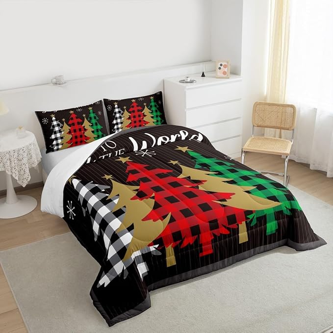 Christmas Kids Comforter Set King Size,Plaid Pine Trees Snowflake Bedding,Girls Boys Adults Bedroom/Xmas Cabin Decor,Geometric Lines Stylish Down Comforter,Rustic Colorful Duvet Insert,2 Pillowcases