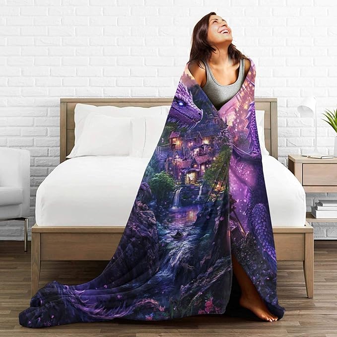 Dragon Blanket Purple Throw Blankets for Girls Boys Soft Warm Cool Mysterious Castle Throws Flannel Fleece Plush Animal Gifts for Kids Men Women Adults for Bed Sofa Bedding Decor 60"x50"