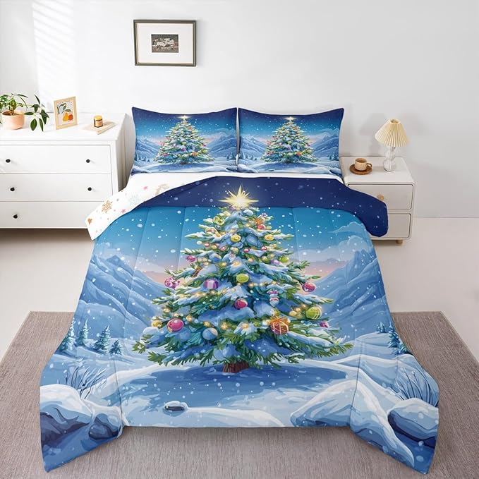 Feelyou Christmas Comforter Set Queen Size Xmas Tree Bedding Set for Kids Boys Girls Winter Snowflake Duvet Quilt Christmas Tree Ornaments Bedroom Decor Microfiber 3 Pcs with 2 Pillow Cases