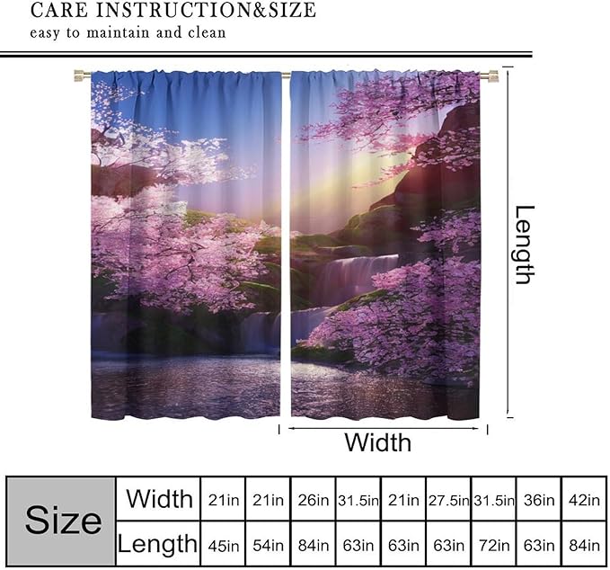 Landscape Waterfall Blackout Curtains, Watercolor Blossom Cherry Flower Forest Pattern Rod Pocket Window Drapes, for Bedroom Living Room 42" W X 63" L