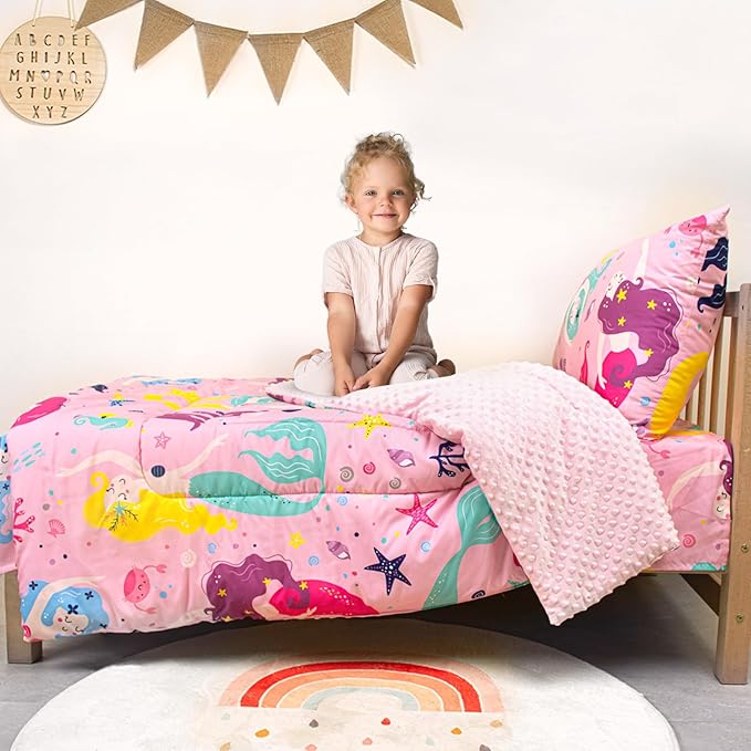 Toddler Bedding Set, Plush Minky Fabric Crib Bedding Set for Girls, Breathable and Soft Baby Crib Bedding Set, Includes Toddler Comforter, Flat Sheet, Fitted Sheet and Pillowcase for Girls (Mermaid)