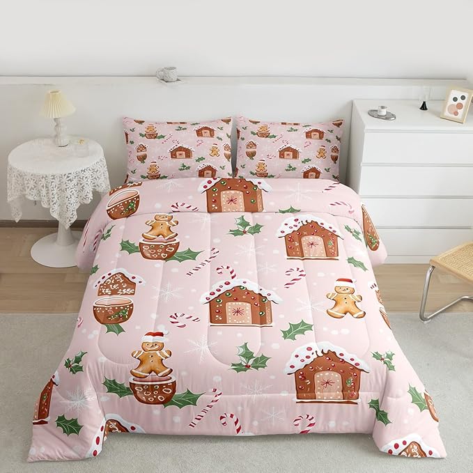 Feelyou Pink Christmas Comforter Set All Season Gingerbread Man Bedding Set with 1 Pillow Cases Christmas Pastry Microfiber Kids Toddler Bedclothes Candy Cane Bedroom Decor Duvet Quilt Breathable Soft