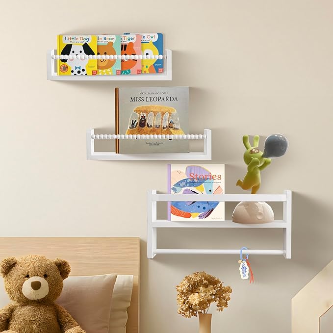 Nursery Floating Book Shelves, Wall Mounted Shelf with Towel Bar for Kids Room, Nursery Wall Shelves Set of 3 - Rustic Bookshelf Organizer for Baby Books & Toys,White