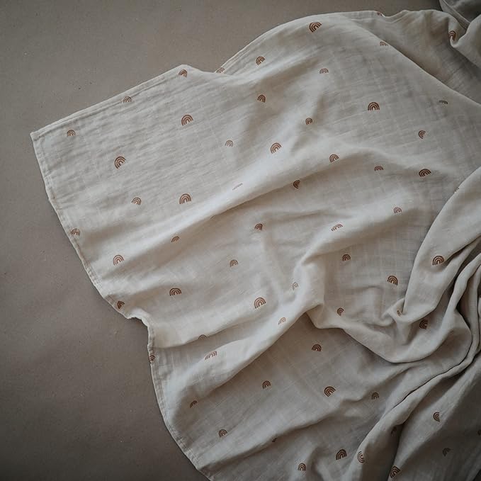 mushie Muslin Baby Swaddle Blanket | 100% Organic Cotton (Rainbows)