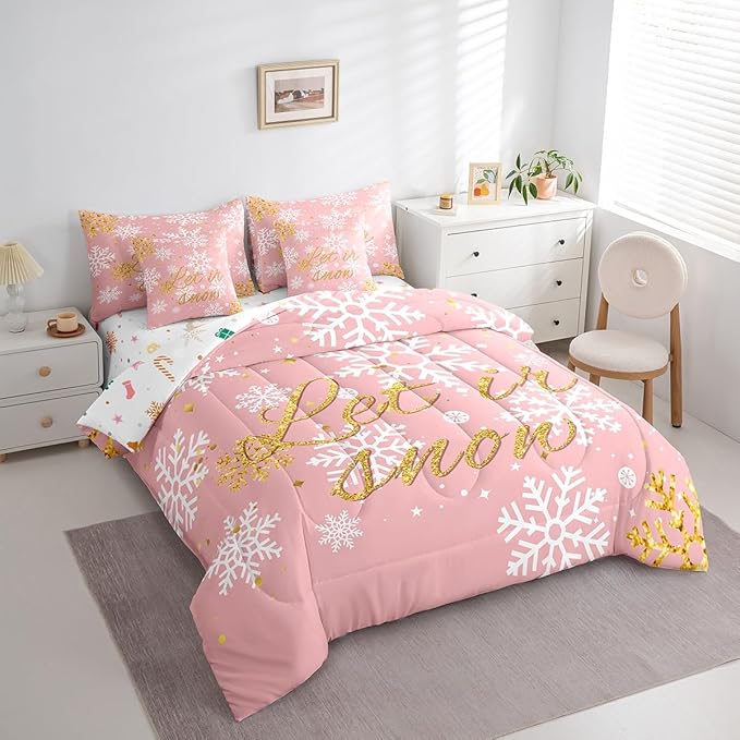 Feelyou Christmas Bed Set Snowflakes Bed in a Bag for Kids Girls Boys Pink Bedding Set Queen Size Glitter Star Comforter Set with Sheets Lightweight Room Decor
