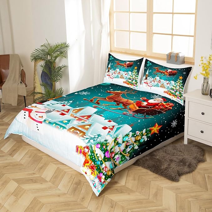 Manfei Christmas Duvet Cover Set Queen Size, Xmas Tree Snowman Bedding Set for Kids Boys Girls, Santa Claus with Reindeer Comforter Cover New Year Theme Quilt Cover with 2 Pillowcases, No Comforter