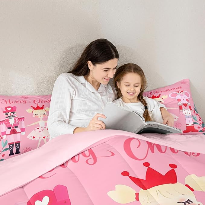Feelyou Pink Christmas Comforter Set All Season Nutcracker Bedding Set with 1 Pillow Cases Mouse King Microfiber Kids Toddler Bedclothes Royal Guarder Ballet Princess Bedroom Decor Duvet Quilt Soft