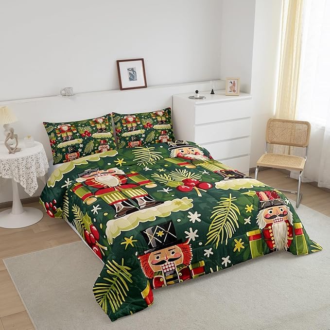 Christmas Cartoon Soldier Comforter Set Twin Size,Christmas Leaves Snowflake Bedding Set for Kids Boys Girls Room Decor,Xmas Abstract Art Quilt Set 2Pcs,Polka Dot Green Duvet Insert,1 Pillowcase