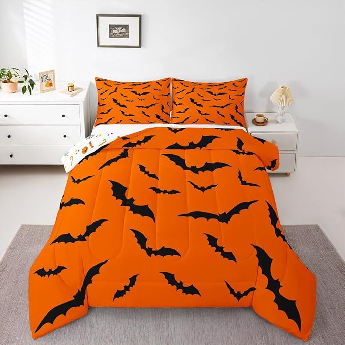 Erosebridal Halloween Comforter Set Gothic Bats Bedding Set Toddler Size,Spooky Silhouette Bat Quilt for Kids Boys Girls Adults Flying Mysterious Animals Down Comforter,Horror Spooky Home Decor