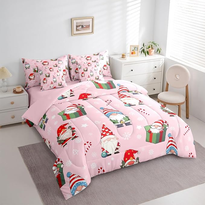 Feelyou Christmas Gnomes King Comforter Set with Sheets for Kids Boys Girls Cute Snowflakes Candy 7 Pieces Bedding Set Santa Claus Bed in a Bag Reversible Xmas Pink Decor Room Decor Soft Lightweight