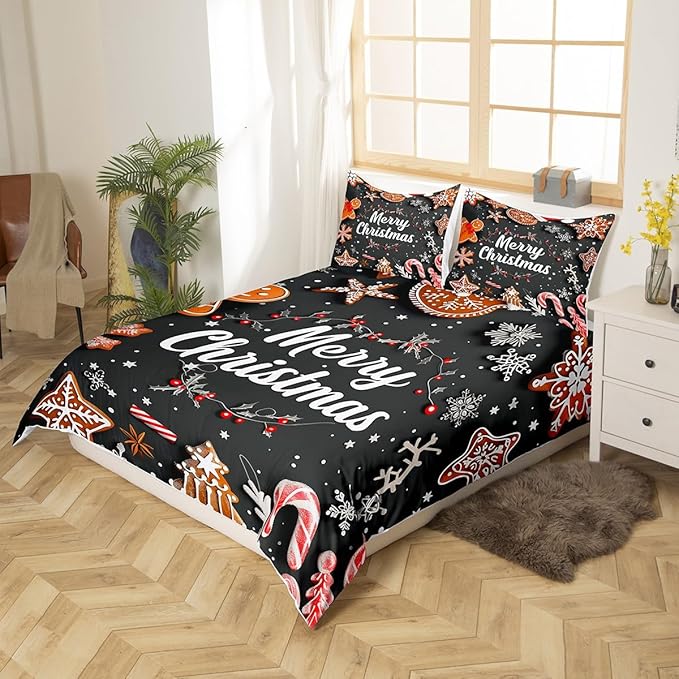 Manfei Christmas Bedding Set 3pcs for Kids Girls Red Cartoon Gingerbread Man Printed Comforter Cover Festival Duvet Cover Set Microfiber Bedspread Cover with 2 Pillow Cases(No Comforter) Queen Size