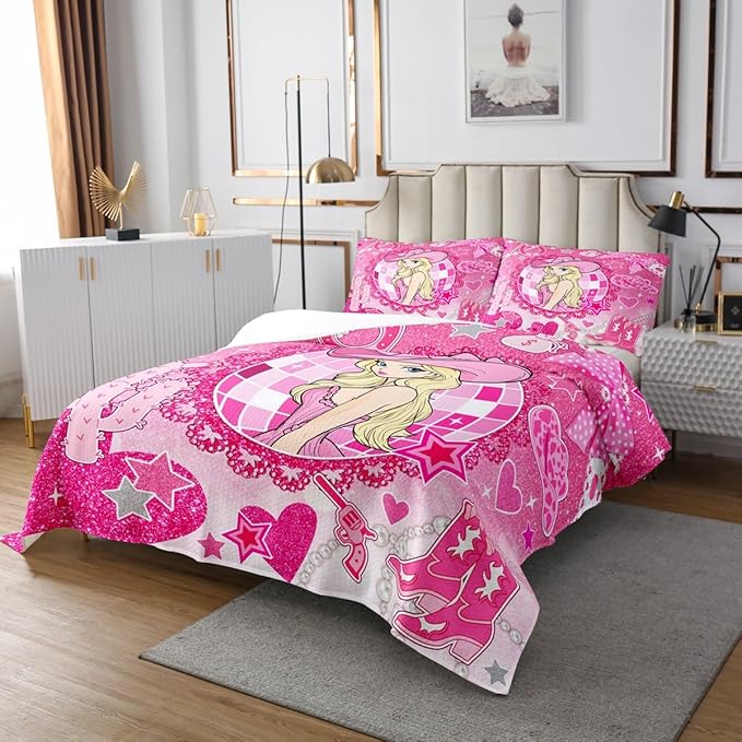Western Cowgirl Princess Bedspread Twin Size,Cactus Cowgirl Boot Cap Bowknot Coverlet Set,Girls Women Room Decor,Star Love Heart Glitter Romantic Quilted Coverlet,Pink Bedding Quilt,1 Pillowcase