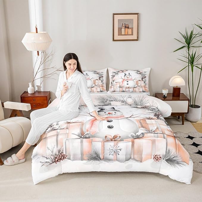 Feelyou Merry Christmas Comforter Set Toddler Size Cute Snowman Bedding Set for Kids Boys Girls Duvet Quilt Snowflake Bedroom Decor Microfiber 2 Pcs with 1 Pillow Cases