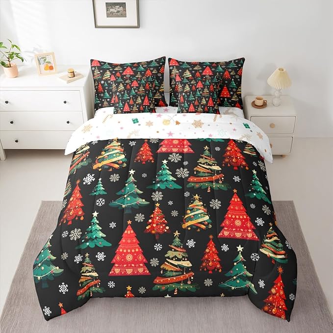 Erosebridal Black Christmas Bedding Set King Red Green Christmas Tree Comforter Set 7 Piece Xmas Forest Pine Trees Bed in A Bag for Adults Winter Xmas Snowflake Quilt with Flat Fitted Sheet